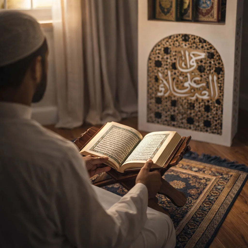 Le coin prière avec l'inscription “حي على الصلاة”