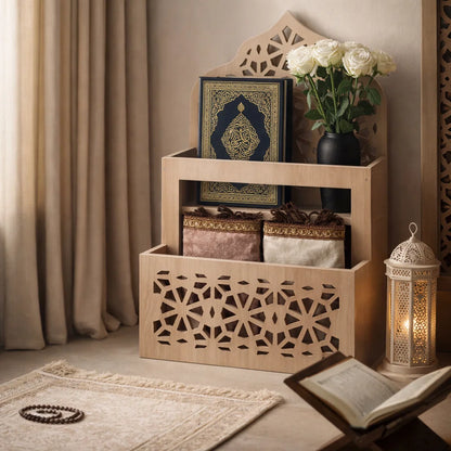 Un organiseur de Coran et un tapis de prière avec une touche décorative élégante