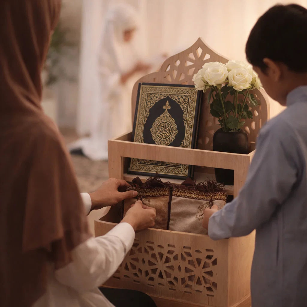 Un organiseur de Coran et un tapis de prière avec une touche décorative élégante