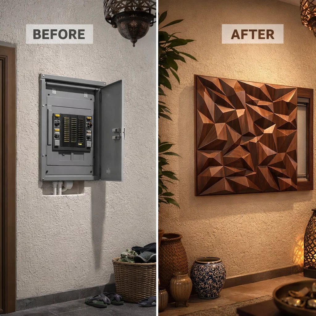 Transformez un boîtier électrique, défaut visible en un élément décoratif luxueux 50×50 cm